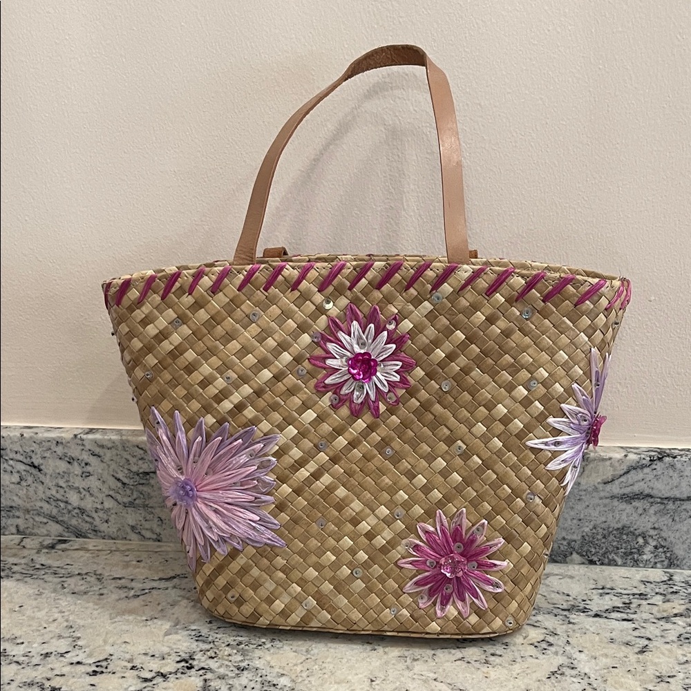Floral Woven Tote Bag - Tan and Pink - Picture 5 of 11